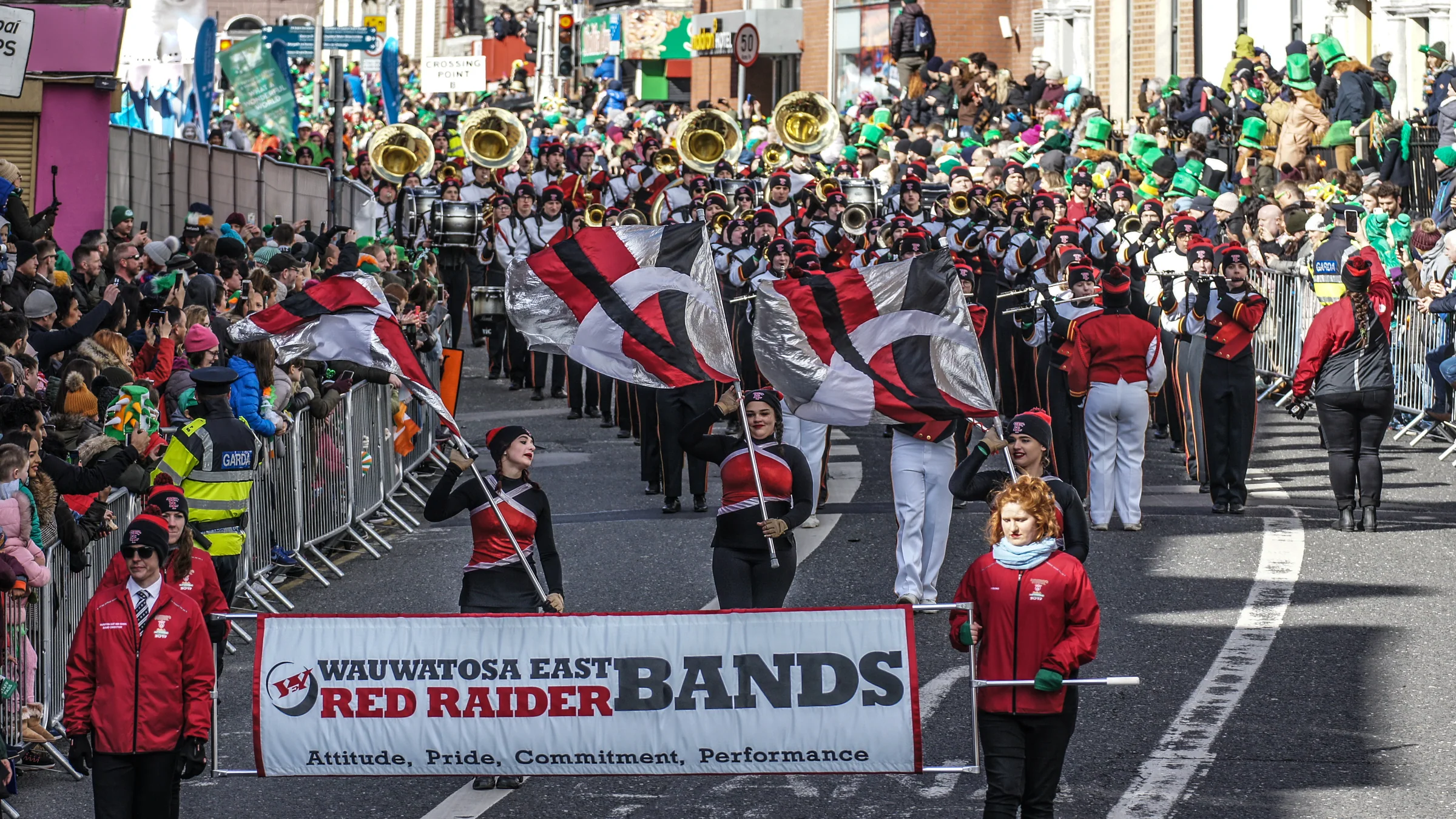 Marching bands and spectators at the St Patrick’s Day parade in Dublin