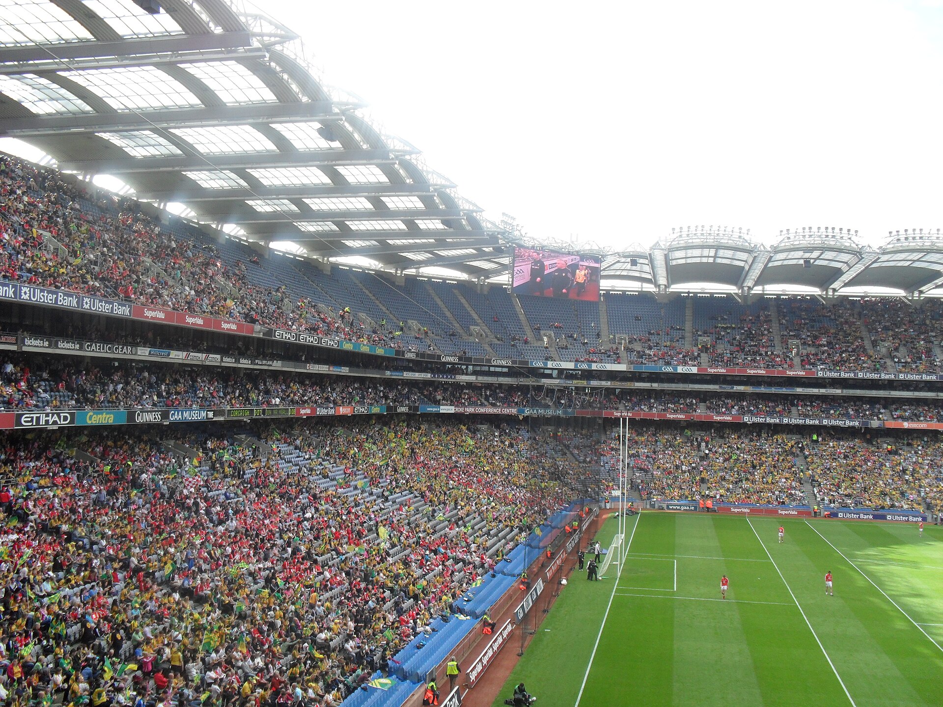 Gaelic football being played before a large crowd at Croke Park