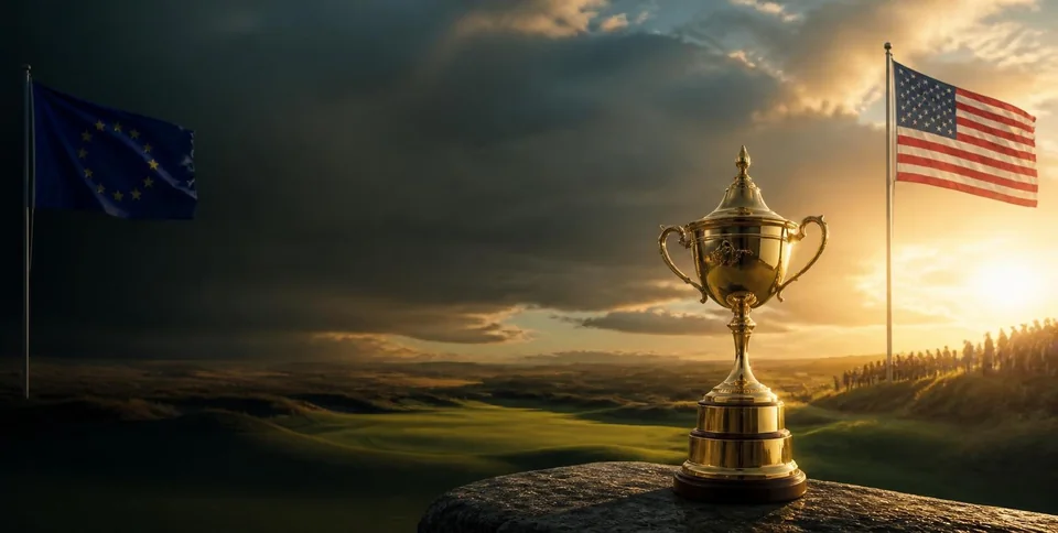 A gold golf trophy between the European and United States flags on an Irish golf course
