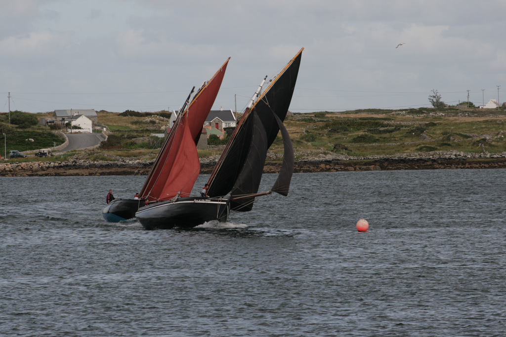 Traditional sailing boats racing at the Roundstone Regatta in Connemara
